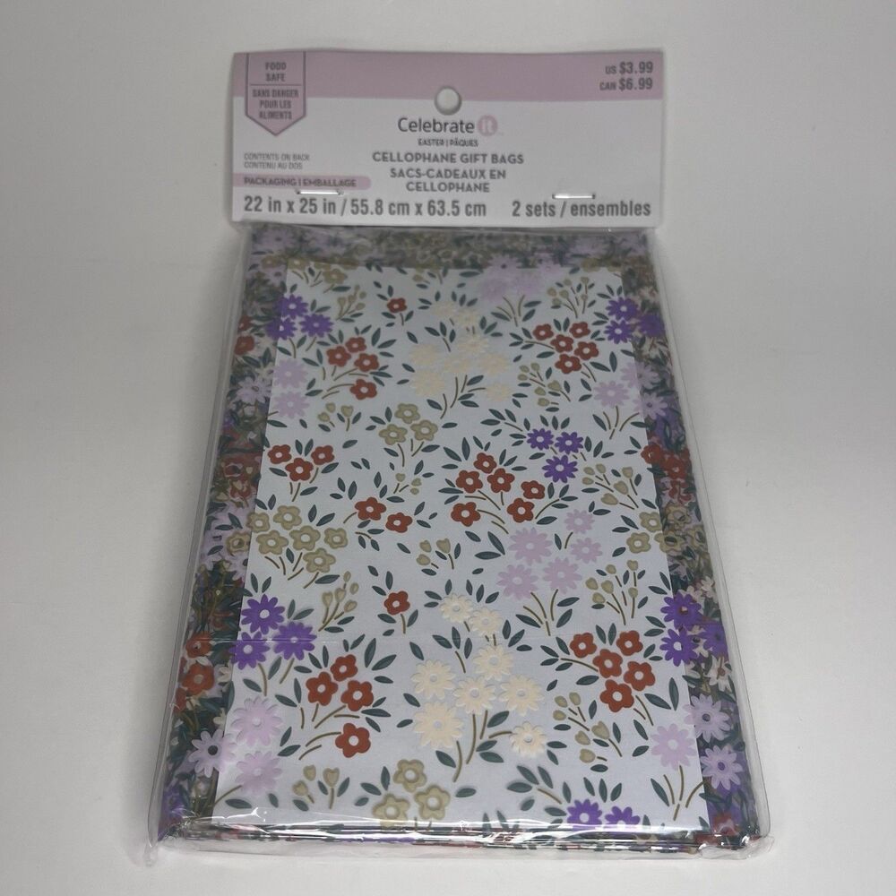 Spring Floral Cellophane Gift Basket Bags 22x25 Set Of 2 Celebrate It - NEW